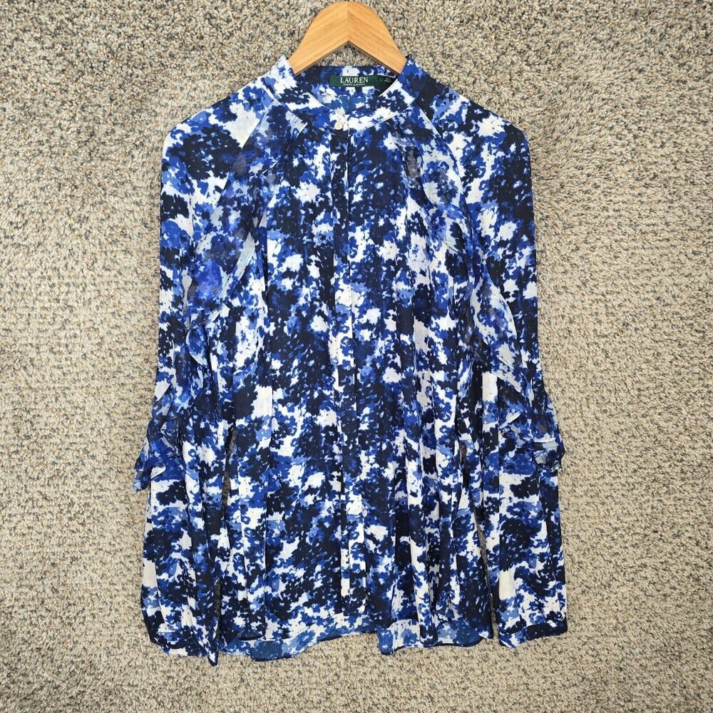 Lauren Ralph Lauren Top Womens Large Blue Printed Button Up Blouse Ruffle Sheer